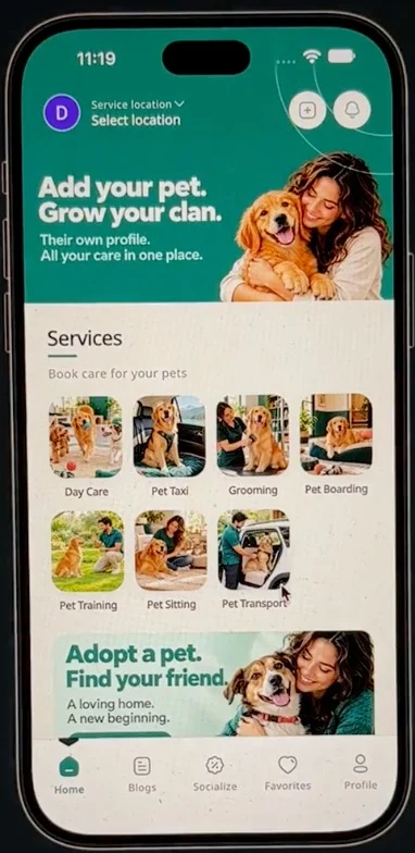 Clan of Pets home showing pet care services and adoption