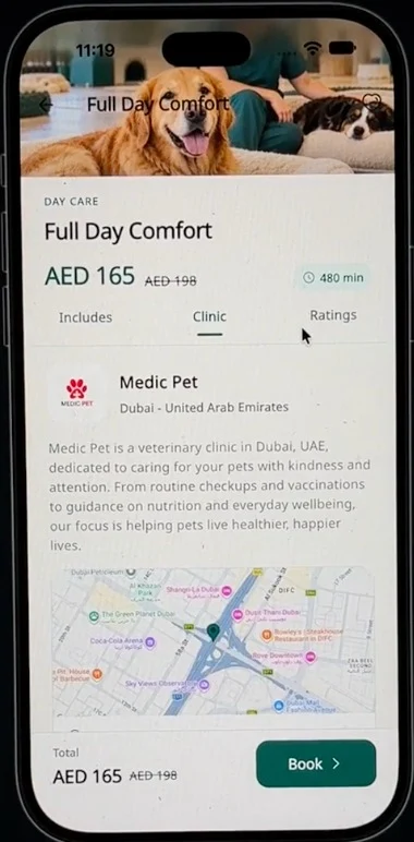 Clan of Pets package details with clinic information and booking action