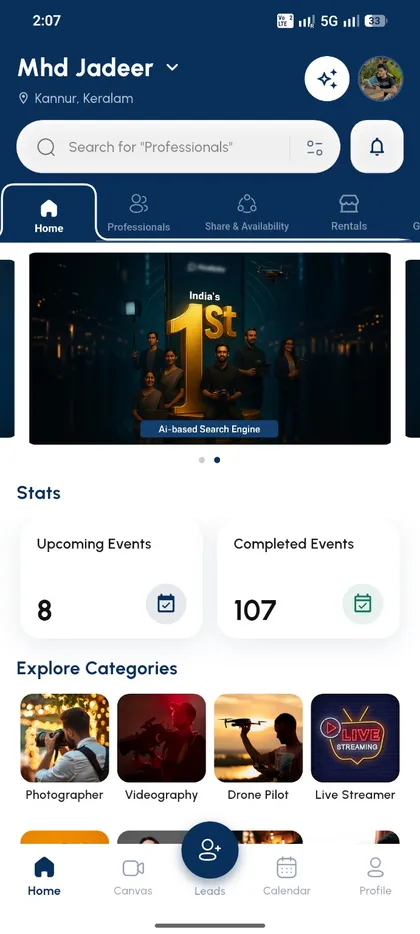 Findzzy mobile home with creative categories and event overview