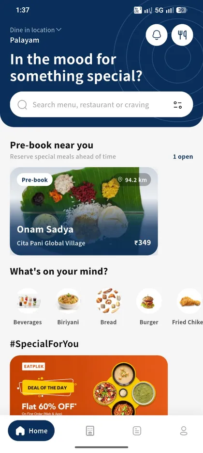 Eatplek food discovery screen with search, pre-book meals and categories