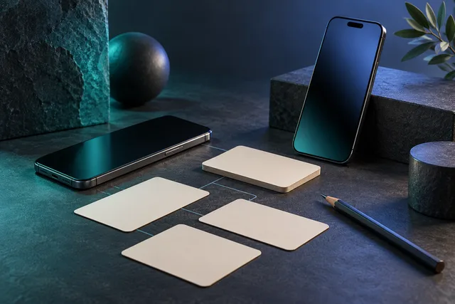 Smartphones and planning cards illustrating mobile app product decisions