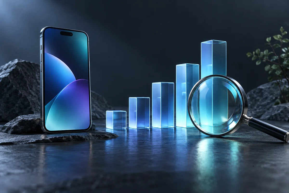 Smartphone and translucent blocks illustrating public app download milestones