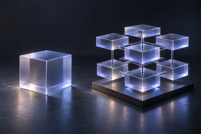 Glass component blocks illustrating the choice between a custom React stack and a framework