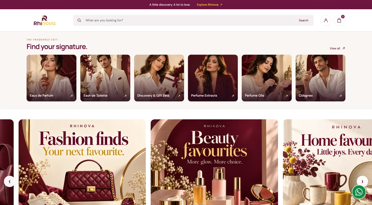 Rhinova storefront preview with fragrance categories and fashion, beauty and home collections